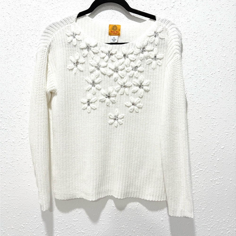 Ruby Rd. rhinestones 3D Floral Knit Sweater LP